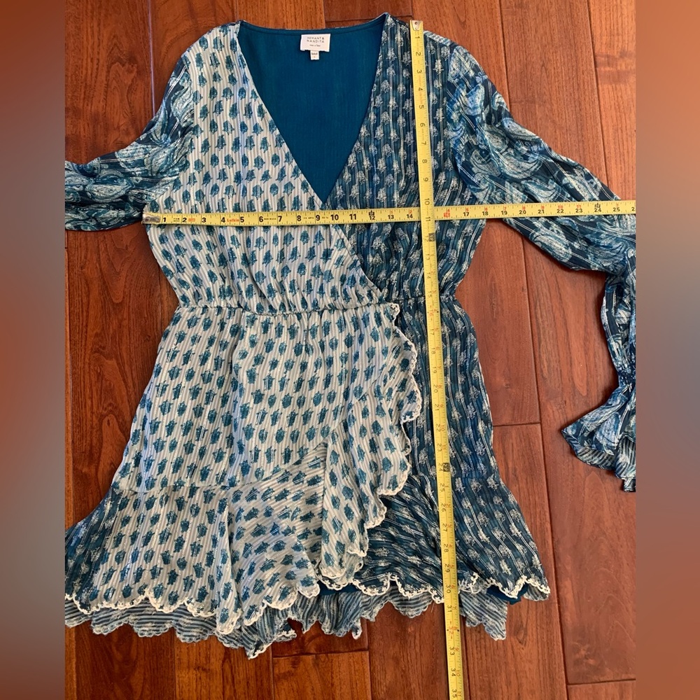 Hemant & Nandita  Dress Size L Kaiyo Long Sleeve Blue Silver Metallic Wrap Mini - Picture 9 of 15